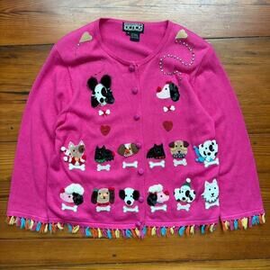 Vintage Berek Sweater Women's Size M Pink Dog Novelty Cardigan Embroider Fringe